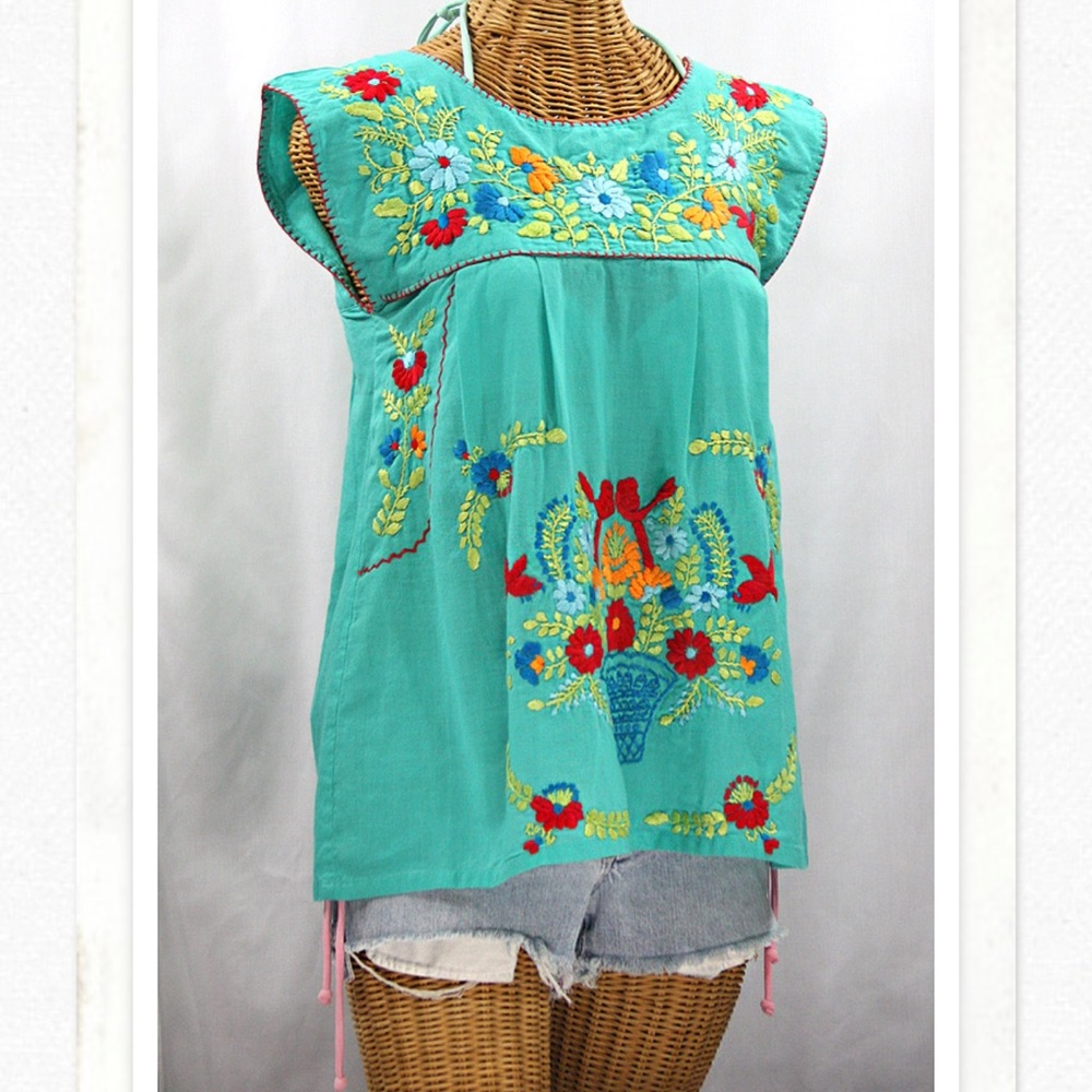 Siren Brand Floral Embroidered Turquoise Blouse